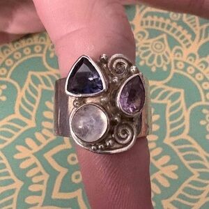 Unique Sajen sterling silver Iolite, Amethyst, and moonstone ring.size 6-1/2